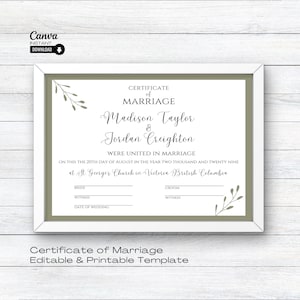 Bearbeitbare Hochzeitszertifikatvorlage, druckbare Heiratsurkunde, Hochzeitsandenken, bearbeitbare Urkunde, Urkunde der Ehe, Canva