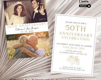 May include: A 5" x 7" printable invitation template for a 50th anniversary celebration. The invitation features a gold and white colour scheme with a floral design. The text on the invitation reads "Please join us for a 50th Anniversary Celebration" and includes the date, time, and location of the event. The invitation also includes a photo of the couple celebrating their anniversary.