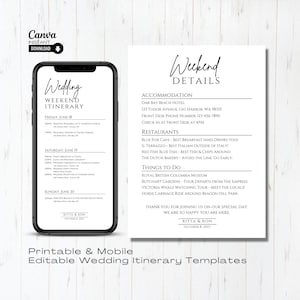 May include: A printable wedding weekend itinerary template with a black and white design. The template includes a schedule of events for Friday, Saturday, and Sunday, as well as information about the hotel, restaurants, and things to do in the area. The text includes the names "Ritta & Ron" and the date "October 8, 2023".