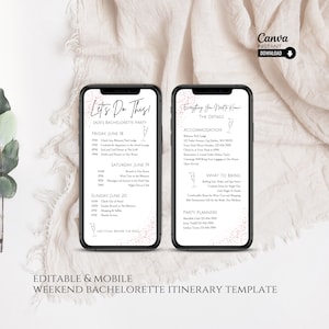 May include: A printable bachelorette party itinerary template with a pink and white color scheme. The template includes a schedule of events for a weekend bachelorette party, including a list of what to bring and party planner contact information. The text on the template reads "Let's Do This!" and "Everything You Need to Know!"