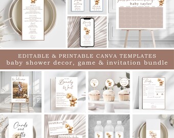 Teddy Bear Baby Shower Invitation Bundle: Boho Decor & Games (Canva Template)