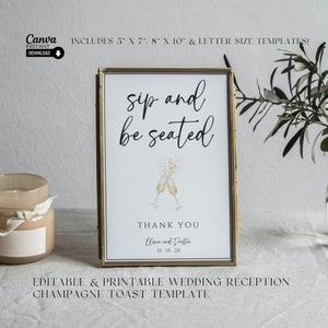 Printable Sip and Be Seated Sign, Editable Wedding Reception Take Your Seat Sign Template, Minimalist Wedding Drink Sign, Refreshments Decor