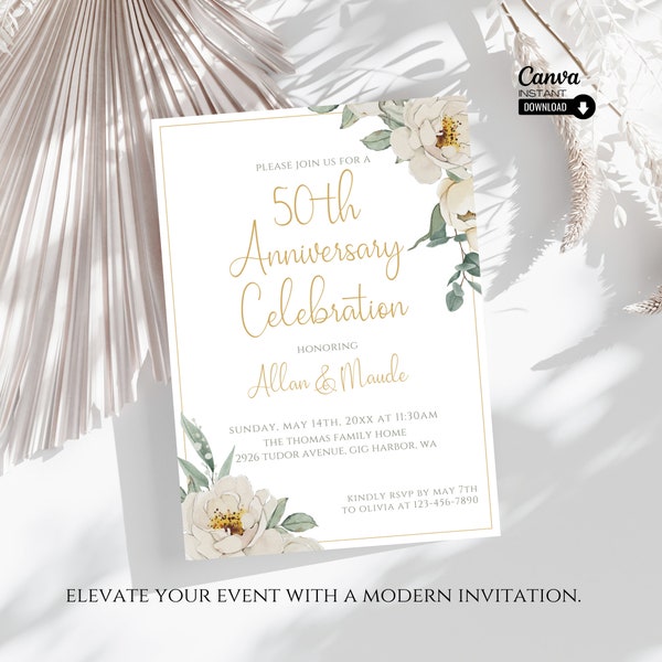 Editable 50th Wedding Anniversary Invite, Printable Golden Wedding Anniversary Invitation, Mobile Invitation Template, Instant Download