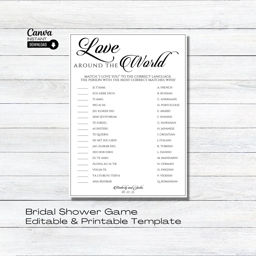 Editable Around the World Wedding Shower Game, Printable I Love You