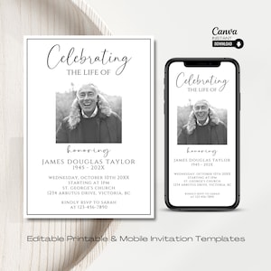 Celebration of Life Invitation, Funeral Announcement, Editable Memorial Service Template, Memorial Invitation, Funeral Evite, Funeral Invite
