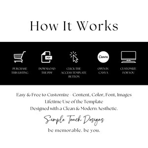 May include: A black and white graphic showing how to use a Canva template. The steps are: purchase the listing, download the PDF, click the access template button, open in Canva, and customise for you. The text "Easy & Free to Customise - Content, Colour, Font, Images" is below the graphic. The text "Lifetime Use of the Template" is below that. The text "Designed with a Clean & Modern Aesthetic." is below that. The text "Simple Touch Designs" is below that. The text "be memorable. be you." is below that.
