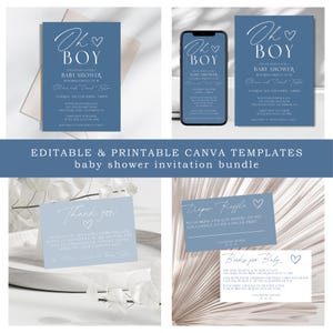 Lot d'invitations modifiables pour baby shower, livres bleus imprimables pour carte de bébé et carte ticket de tombola de couches, baby shower c'est un garçon, toile