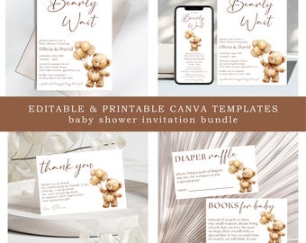 Teddy Bear Baby Shower Invitation Bundle: Neutral Canva Template