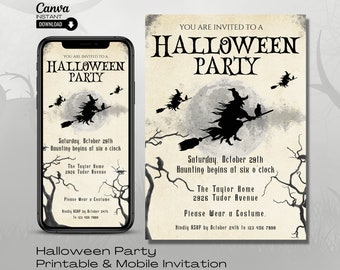 Editable Witch Halloween Party Invitation: Printable Canva Template