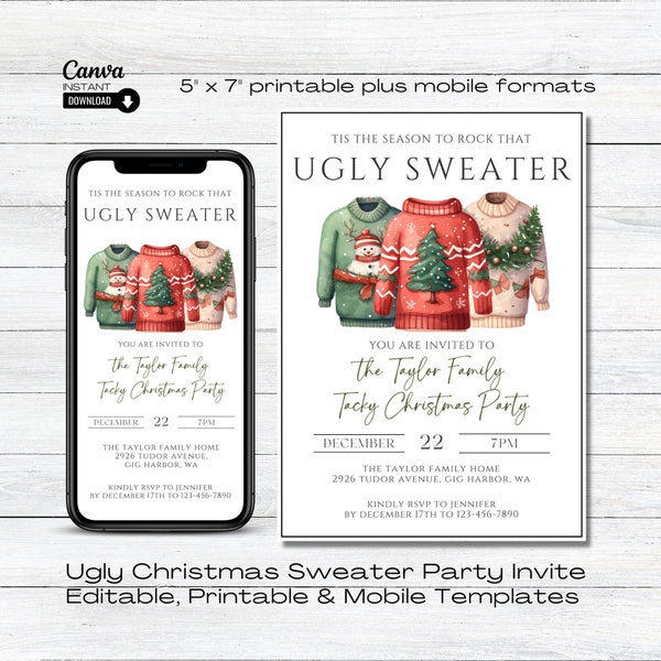 Ugly Sweater Party Invitation, Christmas Party Invite, Ugly Sweater Invite, Holiday Party Printable Invitation, Ugly Sweater Party Evite