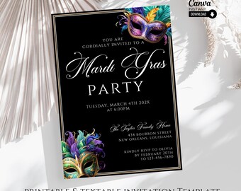 May include: Black and gold printable invitation template with a Mardi Gras party theme. The invitation features a colorful masquerade mask and the text "Mardi Gras Party".