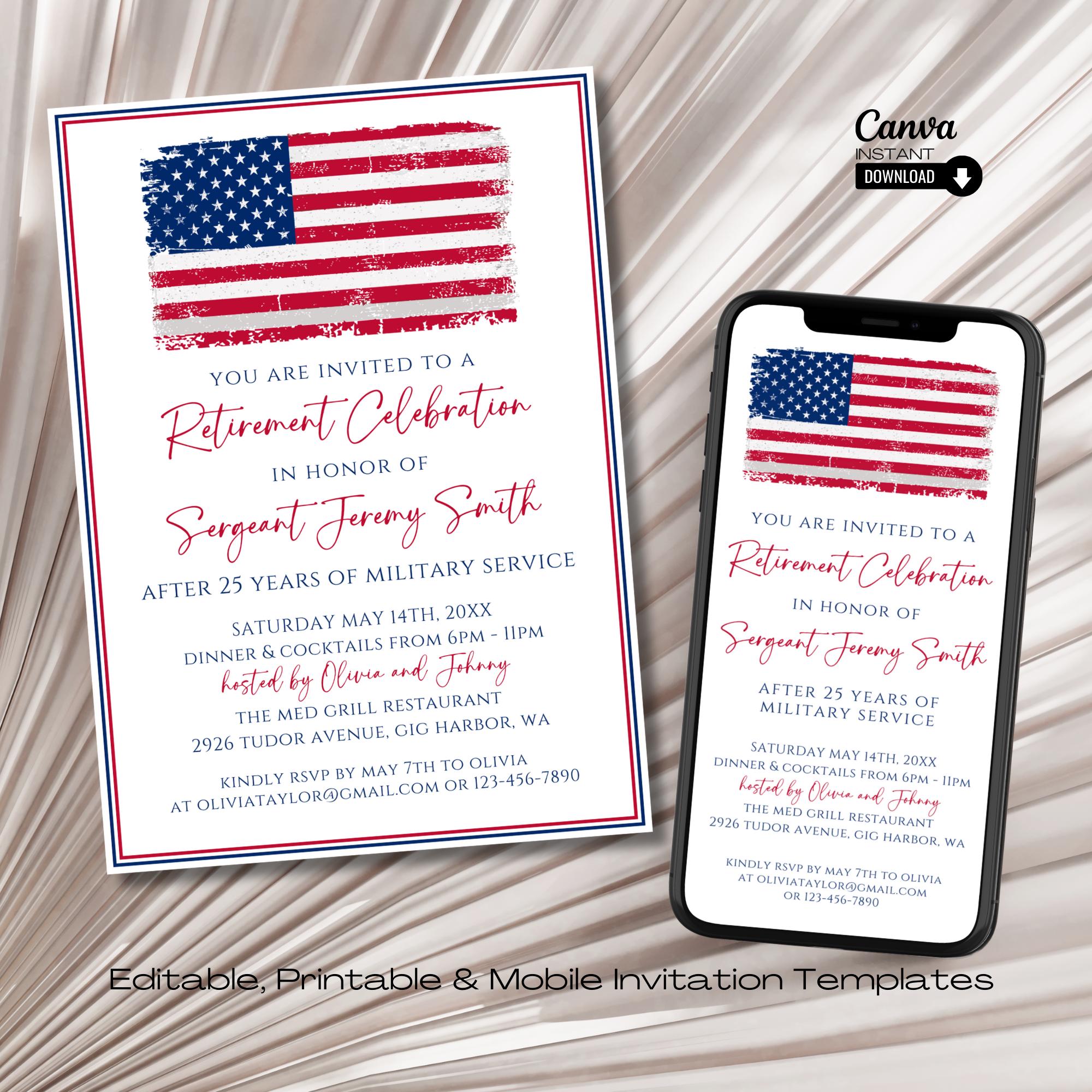 Plantilla editable de invitación a fiesta de jubilación militar patriótica, invitación imprimible de Canva para fiesta de jubilación del ejército, invitación móvil de jubilación de la fuerza aérea