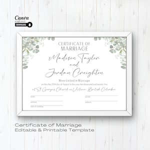 Bearbeitbare Hochzeitszertifikatsvorlage, druckbare Heiratsurkunde, Hochzeitsandenken, bearbeitbare Urkunde, Heiratsurkunde