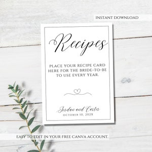 Printable Bridal Shower Recipe Card Template, Recipe Request Card ...