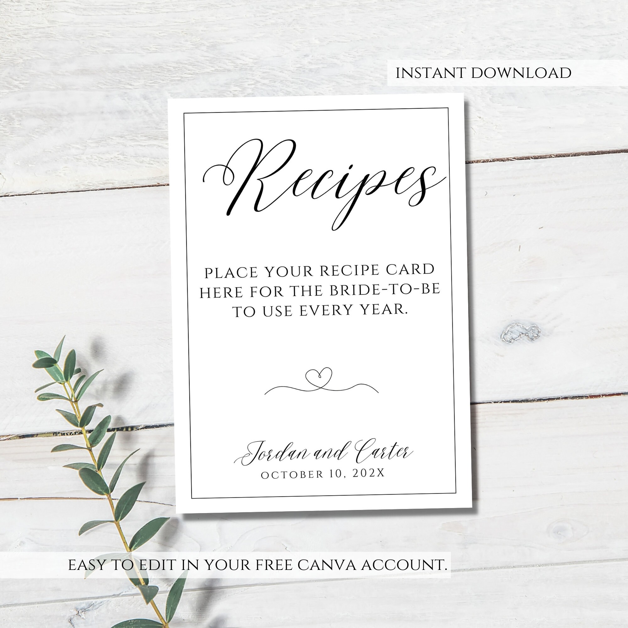 Printable Bridal Shower Recipe Card Template, Recipe Request Card ...