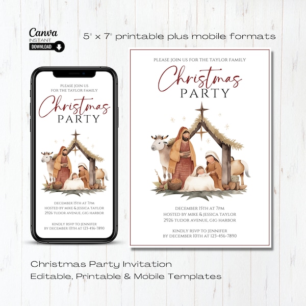 Editable Christmas Party Invitation Template, Printable Religious Christmas Party Invite, Christian Nativity Invite, Christmas Party Evite