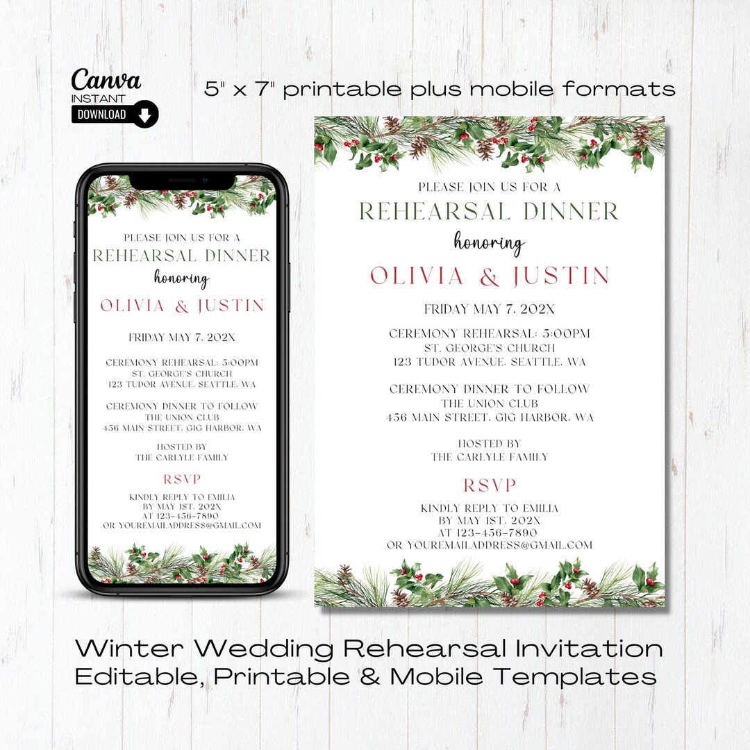 Editable Winter Wedding Rehearsal Dinner Invitation Template Etsy