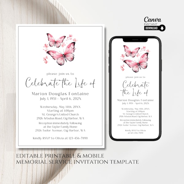 Butterfly Celebration of Life Invitation: Printable Memorial Announcement (Canva Template)