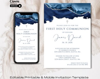 Peut inclure: Une invitation à la première communion bleue et argentée avec un fond aquarelle. L'invitation comprend le texte "Veuillez vous joindre à nous pour la première communion de notre fils James David 06.10.202X". L'invitation comprend également l'heure et le lieu de la cérémonie et de la réception.