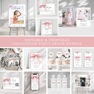 Pink Bow Graduation Party Decor Bundle: Printable Invitation Template (Canva)