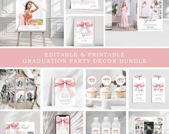 Conjunto de decoración para fiesta de graduación con lazo rosa: Plantilla de invitación imprimible (Canva)