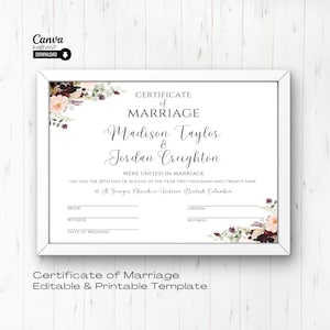 Bearbeitbare Hochzeitszertifikatvorlage, druckbare Heiratsurkunde, Hochzeitsandenken, bearbeitbare Urkunde, Urkunde der Ehe, Canva