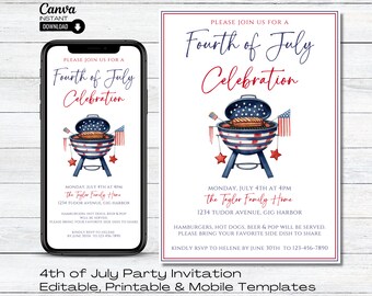 4. Juli Grilleinladung Vorlage: Bearbeitbare Party Evite (Digitaler Download)