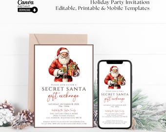 Può includere: Un Babbo Natale illustrato in rosso e bianco che tiene in mano dei regali avvolti. L'invito è per uno scambio di regali Secret Santa il sabato 18 dicembre 202X dalle 19:00 alle 22:00. L'evento è ospitato dalla famiglia Taylor al 2926 Tudor Avenue, Gig Harbor, Washington 98378. Si prega di confermare la propria presenza a Olivia entro il 12 dicembre al 123-456-7890 o secretsanta@gmail.com.