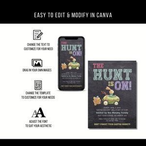 May include: A chalkboard style invitation for an Easter egg hunt. The invitation features a cartoon bunny driving a car with eggs in the back. The text reads "The Hunt is On!" and includes the date, time, and location of the event. It also says "Don't forget your Easter basket!"