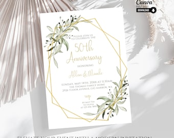 50th Anniversary Invitation Template: Golden Eucalyptus Design (Canva Editable, Digital Download)