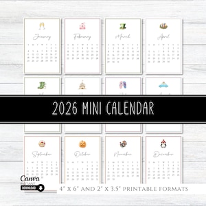 2026 Mini Desk Calendar, Printable Desk Calendar, Monthly Calendar Template, Mini Easel Calendar, Editable Calendar, Christmas Gift