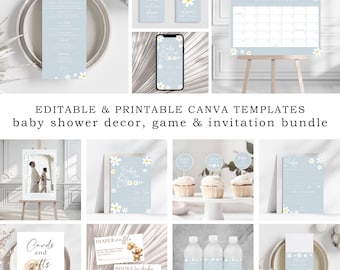 Boho Daisy Baby Shower Invitation Bundle: Blue Floral Decor (Canva Editable, Digital Download)