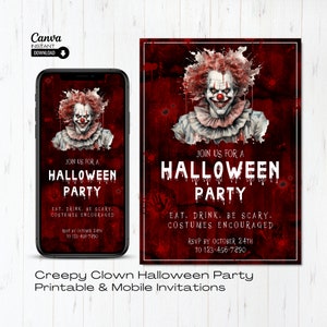 Modèle modifiable d'invitation à une fête d'Halloween avec un clown effrayant, une invitation à une fête d'Halloween avec un clown effrayant, une invitation d'horreur d'Halloween, sur toile