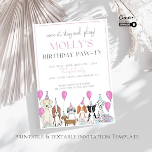 Editable Dog Birthday Party Invitation Template, Printable Puppy Pawty Invite, Instant Download Digital Doggy Party Evite, Canva Template