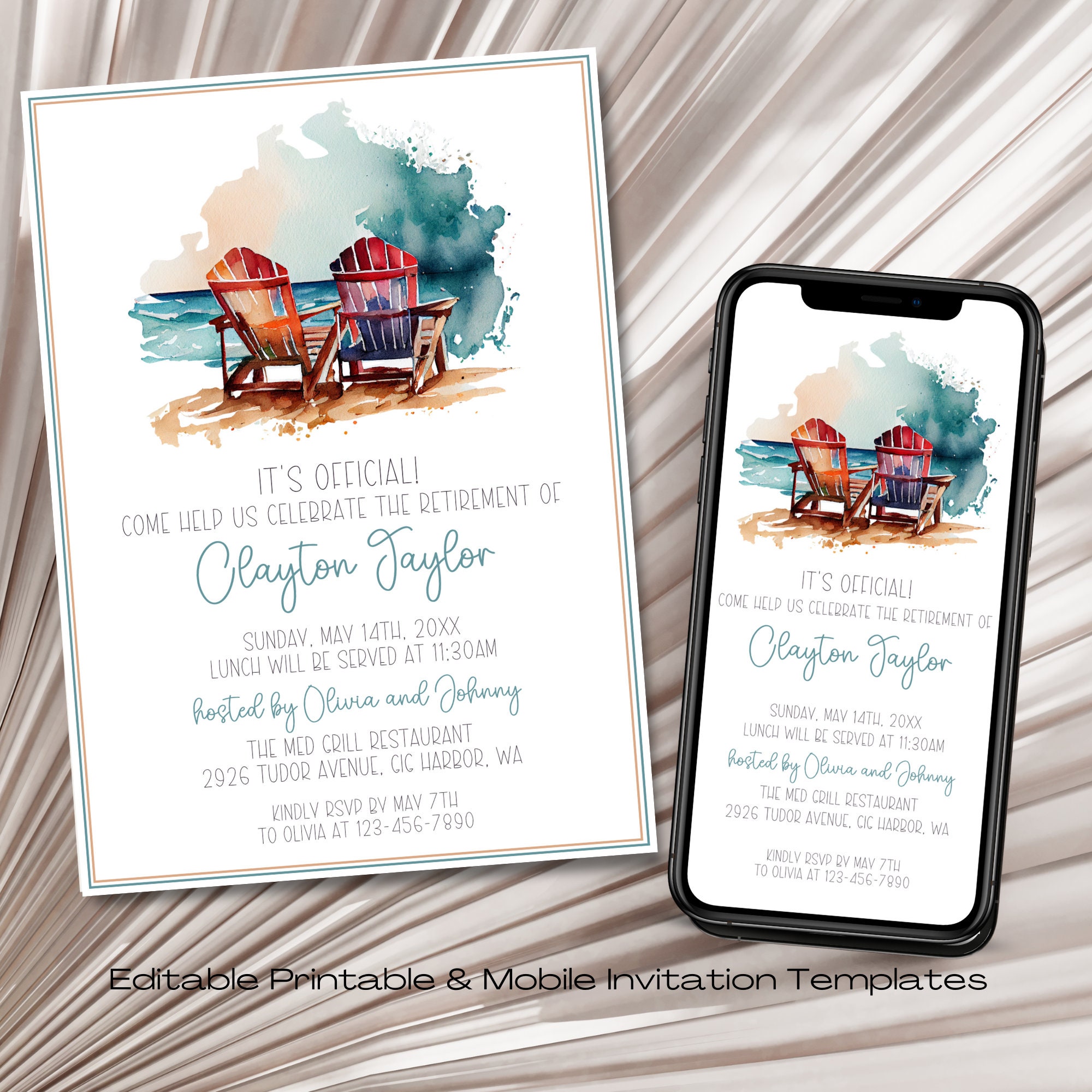 Beach Retirement Party Invitation: Watercolor Seaside (Printable & Mobile)