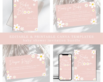 Pink Daisy Baby Shower Invitation Bundle: Books & Diaper Raffle (Printable Canva Template)