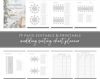 May include: A printable wedding seating chart planner with 19 pages. The planner includes a reception seating planner, a guest list, and a meal preference chart. The planner is designed for a wedding with 10, 16, or 8 guests.