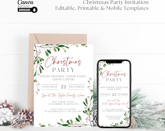 May include: A printable Christmas party invitation with a festive green and red floral design. The invitation features the text "Christmas Party" and includes details about the date, time, and location of the party. The invitation is also available as a mobile template.