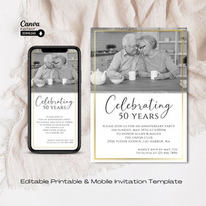 Editable 50th Wedding Anniversary Invite, Printable Golden Wedding Anniversary Invitation, Mobile Invitation Template, Instant Download