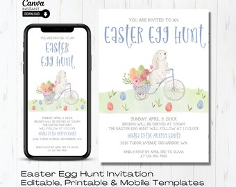 Editable Easter Egg Hunt Invitation: Watercolor Bunny (Printable & Mobile)