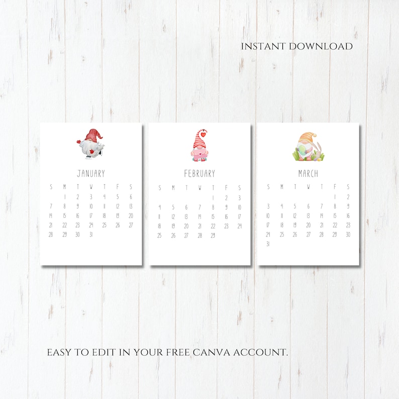 2024 Gnome Mini Desk Calendar, Printable Desk Calendar, Monthly