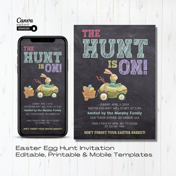 Editable Easter Egg Hunt Invitation: Watercolor Bunny (Printable & Mobile)