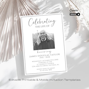 Celebration of Life Invitation, Funeral Announcement, Editable Memorial Service Template, Memorial Invitation, Funeral Evite, Funeral Invite
