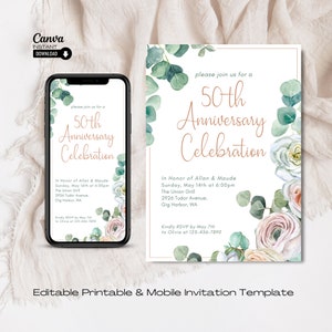 50th Anniversary Invitation Template: Golden Celebration, Floral Design (Printable & Mobile)