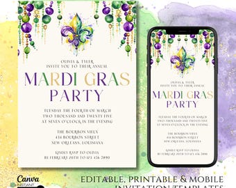 Redigerbar Mardi Gras-festinbjudan: Utskrivbar maskeradbals-Evite (Direkt nedladdning)