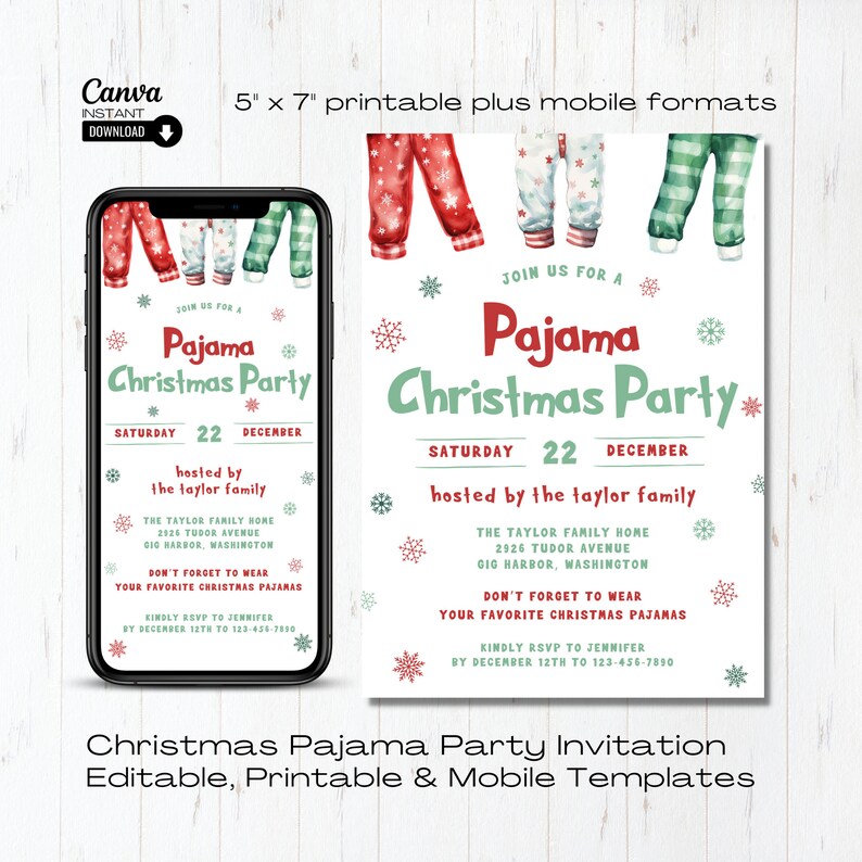 Editable Christmas Pajama Party Invitation Template, Printable Kids ...
