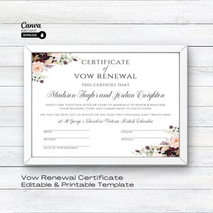 Bearbeitbares Gelübde Erneuerungszertifikat, druckbare Hochzeitszertifikatsvorlage, Heiratsurkunde, Hochzeitsandenken, Heiratsurkunde