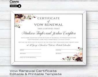 Printable Vow Renewal Certificate, Editable Wedding Certificate ...