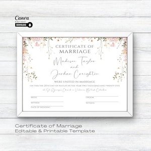 Bearbeitbare Hochzeitszertifikatsvorlage, druckbare Heiratsurkunde, Hochzeitsandenken, bearbeitbare Urkunde, Heiratsurkunde