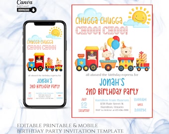 Editable Train Birthday Invitation Template, Printable Train Birthday Party, Choo choo Invitation, Chugga Two Two party, Train Theme Party